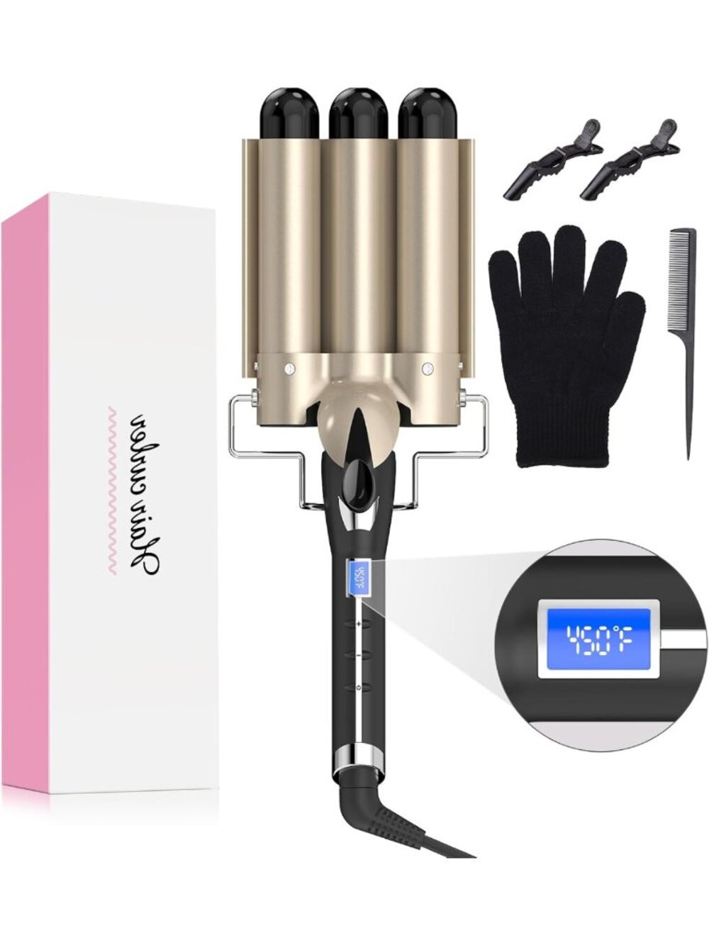 Large Loose Waves Hair Waver 1.25" Curling Iron, 15 Heat Settings, Dual Voltage